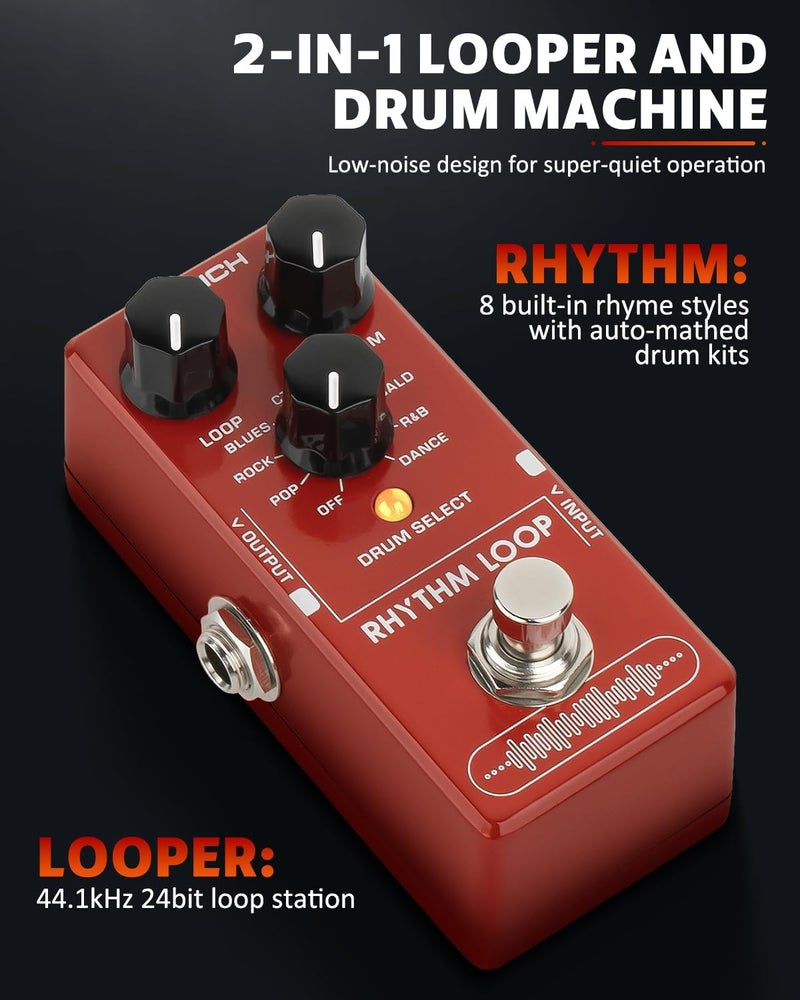 STRICH Rhythm Loop Guitar Pedal, SL-03 Looper for Electric Guitar Bass, 360s Phrase Looper (Unlimited Overdubs) + 8 Rhythm Drum Kits (4/4 Auto-Tempo), True Bypass (Red) - Image 2